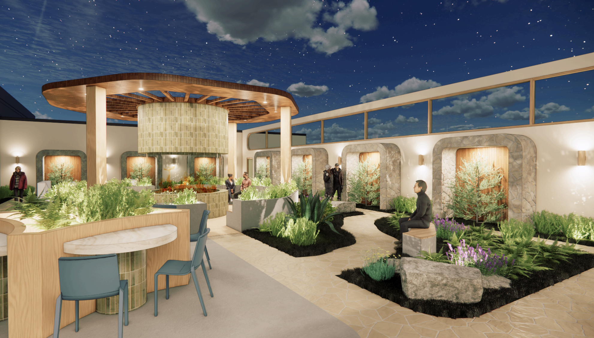A rendering of an outdoor lounge area in a healthcare facility. The walled courtyard is warm and inviting. 